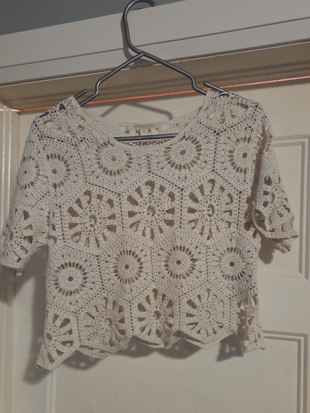 Rebellion Cream Crochet Crop Top with Short Sleeves